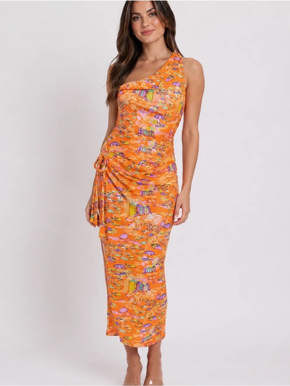 Orange Printed Maxi Dress - Vibrant Beach Scene NWT